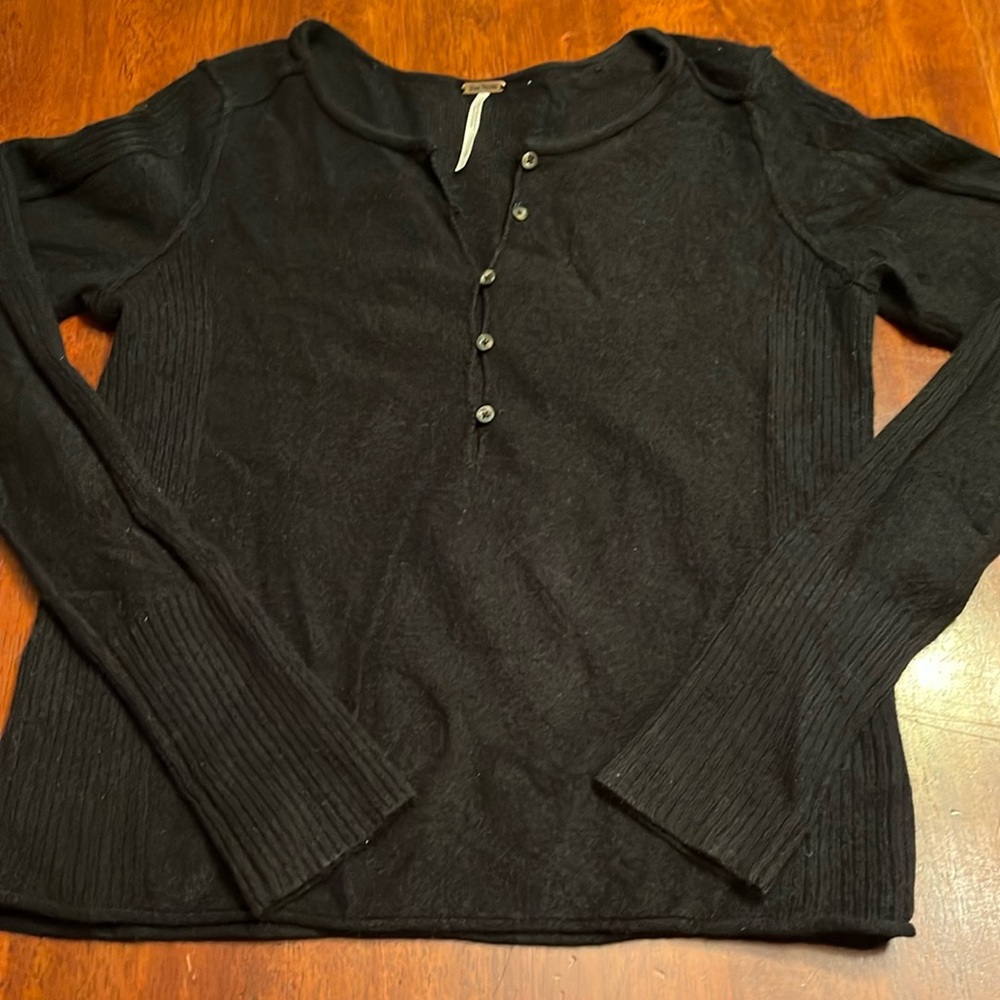 Free People Black Henley Scoop Neck Sweater